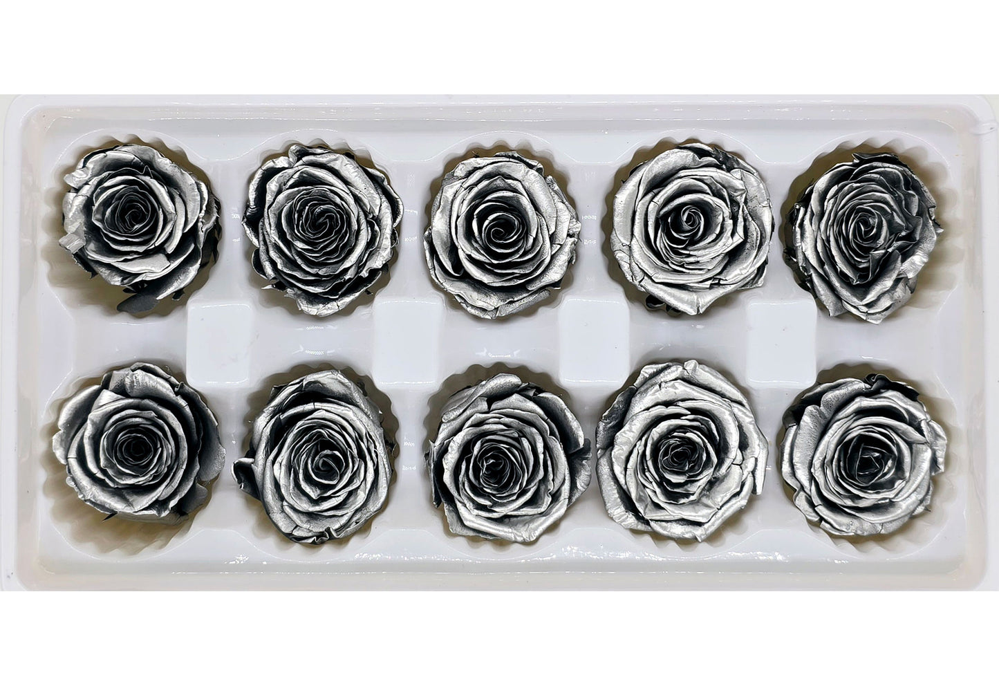 10 Preserved Roses In A Box - Satin Silver Colour